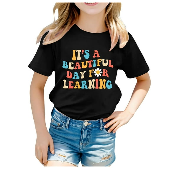 Big Kid Kids School Season Back To School Season Printed Casual Short Sleeve Top T Shirt Ruffles Outfits for Big Girl's Summer T Shirts for Girls Baby Girl Short Sleeve Tee Tops 8-9 Years Black