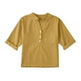 thumbnail image 1 of Big Kid Linen Shirts For Girl 3/ 4 Sleeve V Neck Blouses Buttons Loose Fit T Shirts Solid Color Summer Holiday Tops Mesh Tube Top for Girls Girls Tops Size 5 Baby Girl Color Tan 8-9 Years Yellow, 1 of 7