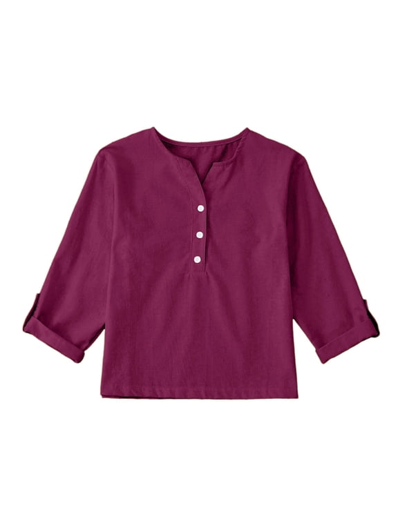 Big Kid Linen Shirts For Girl 3/ 4 Sleeve V Neck Blouses Buttons Loose Fit T Shirts Solid Color Summer Holiday Tops like A Girl Top Teenage Tops And Blouses Girls 5t Long Sleeve 9-10 Years Red