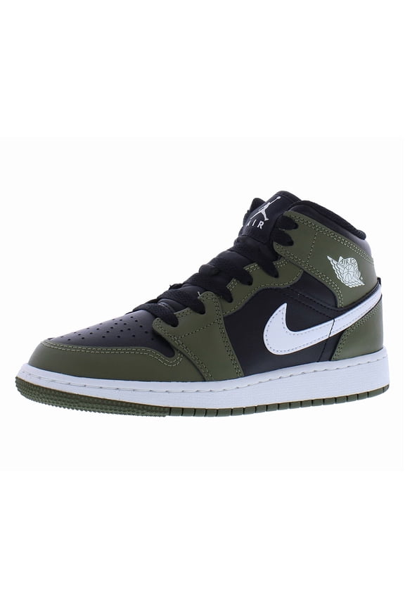 Air Jordan 1 Mid GS Boys Shoes Size 6, Color: Black/White/Medium Olive