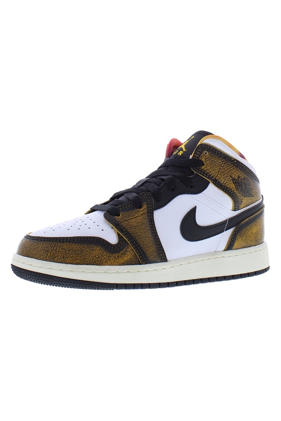 Air Jordan 1 Mid SE Leather GS Boys Shoes Size 4, Color: Black/Taxi/White/Sail