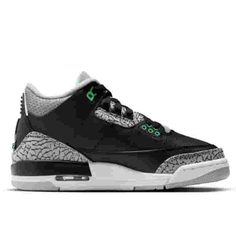 国内配送 NIKE AIR JORDAN 3 RETRO BLACK/GREEN GLOW-WOLF GREY Big Kid's Jordan 3 Retro Black/Green Glow-Wolf Grey (DM0967
