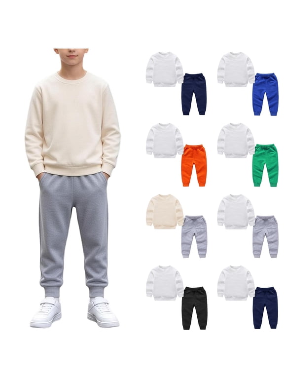 Big Kids 2 Piece Tracksuit, Solid Crew Neck Long Sleeve Sweatshirt Elastic Waist Cuffed Jogger Sweatpants Set Unisex Boys Girls Spring Fall Casual School Outfit Beige