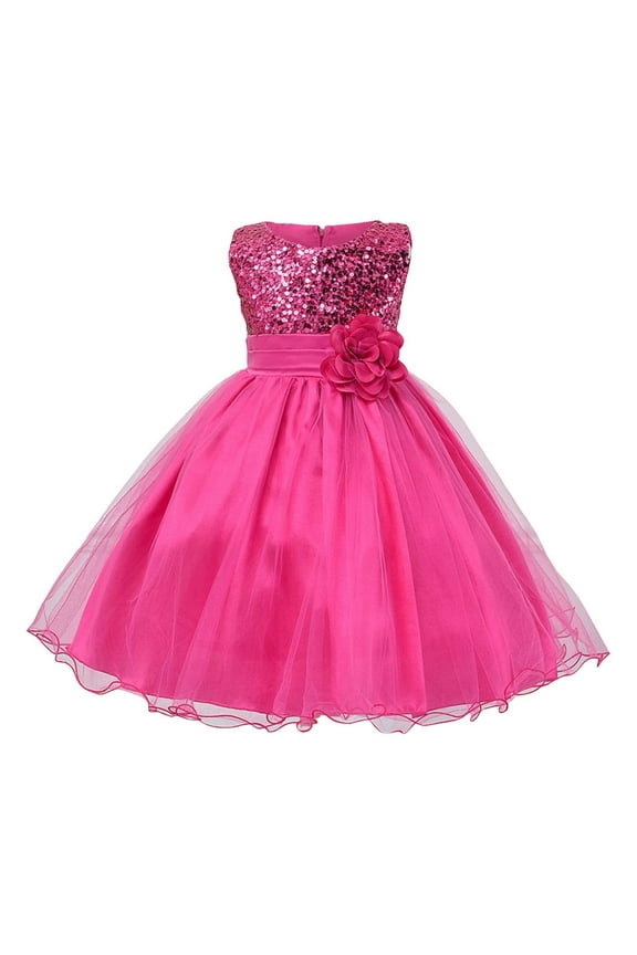 Big Kids Birthday Gown Little Girls Sequin Sleeveless Tulle Dress Flower Belt Party Clothes for 3 to 10 Years
