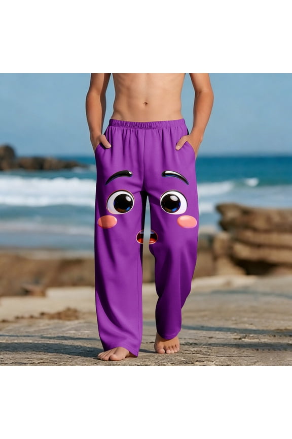 Big Kids Blushing Emoticon Print Lounge Pants Pull-on Stretchy Waist Straight Leg Trousers for Kindergarten School Play, 4-13Y
