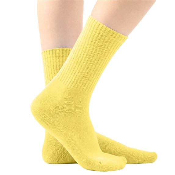 Big Kids Crew Socks Combed Cotton Solid Candy Color Vertical Ribbed Soft Breathable Stretchy Casual Mid Calf Straight Tube Socks for Boys Girls Soft Yellow 5-13 Years