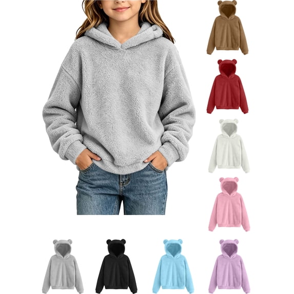 Big Kids Pullover Hoodie, Cozy Fuzzy Bear Ear Hooded Top with Pockets, Relaxed‑Fit Warm Casual Long Sleeve Winter Outerwear for 5‑15Y