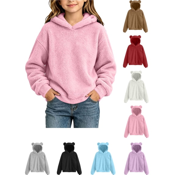 Big Kids Pullover Hoodie, Cozy Fuzzy Bear Ear Hooded Top with Pockets, Relaxed‑Fit Warm Casual Long Sleeve Winter Outerwear for 5‑15Y