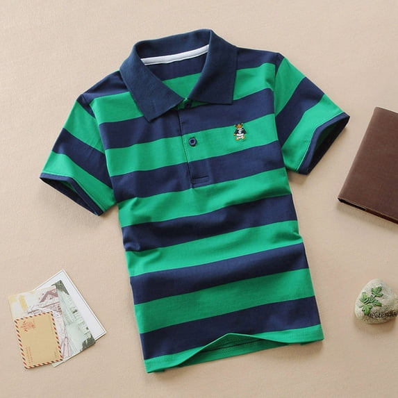 Big Kids Striped Short Sleeve Polo Shirts Boys Girls Casual Turn-down Collar Tops Breathable Button Closure Tees for School Uniform Daily Activities