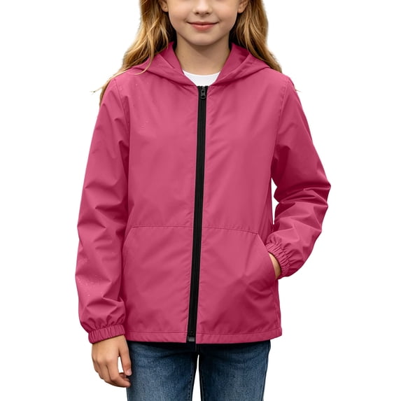 Big Kids Teen Hooded Zip Jacket Waterproof Windproof Long Sleeve Pocketed Outdoor Coat Fall Outerwear Ages 5-16 Hot Pink 5 Years