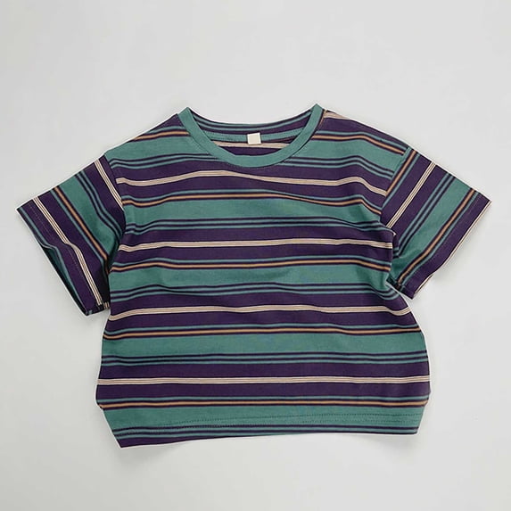 Big Kids Unisex Summer Stripe Print T-shirt Short Sleeve Color Block Crewneck Tee Tops Spring Summer Fall Casual Outfits