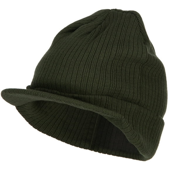 Big Knit Ribbed Beanie with Visor - Olive XL-3XL