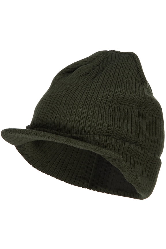 Big Knit Ribbed Beanie with Visor - Olive XL-3XL