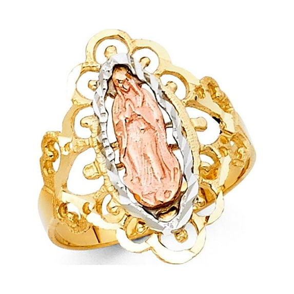 Big Lady Guadalupe Ring 14k Yellow White Rose Gold Virgin Mary Diamond Cut Band Tri Color 20MM, Size 8.5