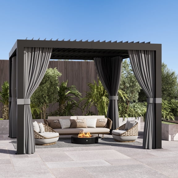 Big Leaf 10'x10' Louvered Pergola, USB Port, Drainage, Privacy Net & Curtain, Aluminum Frame, Black, Easy Assembly