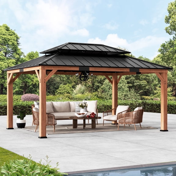 Big Leaf 12'x16' Cedar Hardtop Gazebo, Double Galvanized Steel Roof Outdoor Gazebo with Ceiling Hook, Heavy Duty Grill Shelter for Patio, Deck, Garden Backyard