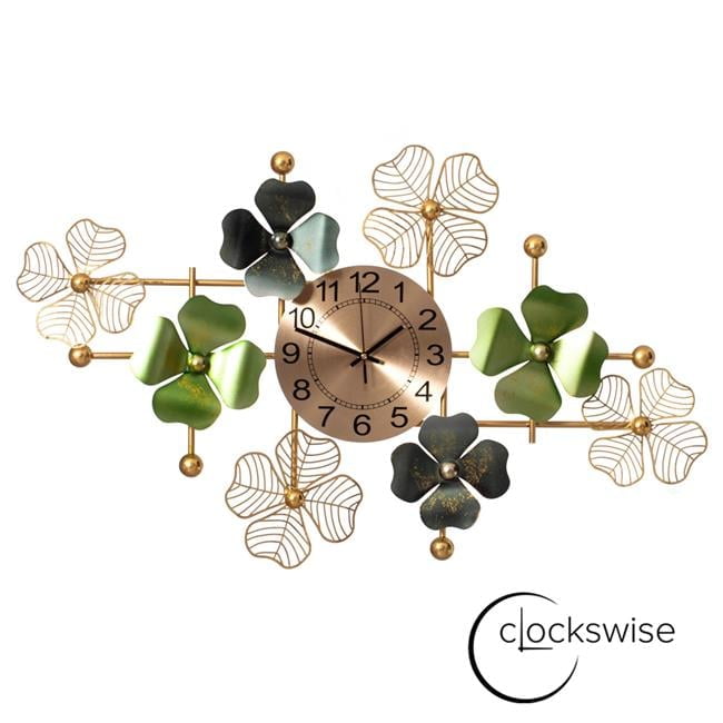 Oversized Gold and Green Metal Leaf Art Wall Clock