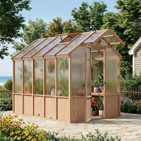 Big Leaf EverBloom 6.5'x10' Cedar Wood Greenhouse, 8' Extra-Tall with Built-in Faucet Kit, Shelving, Power Strip and Ventilation System