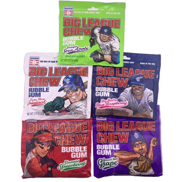 Big League Chew Bubble Gum Bulk Variety Pack, 5 Flavors Original, Sour Apple, Blue Raspberry