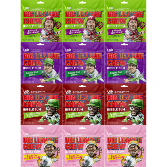 Big League Chew Bubble Gum Variety Pack, 12 Pouches, 2.12 oz Each, Sour Apple, Grape, Sour Cherry & Pink Lemonade Flavors, Shredded Bubble Gum Assortment