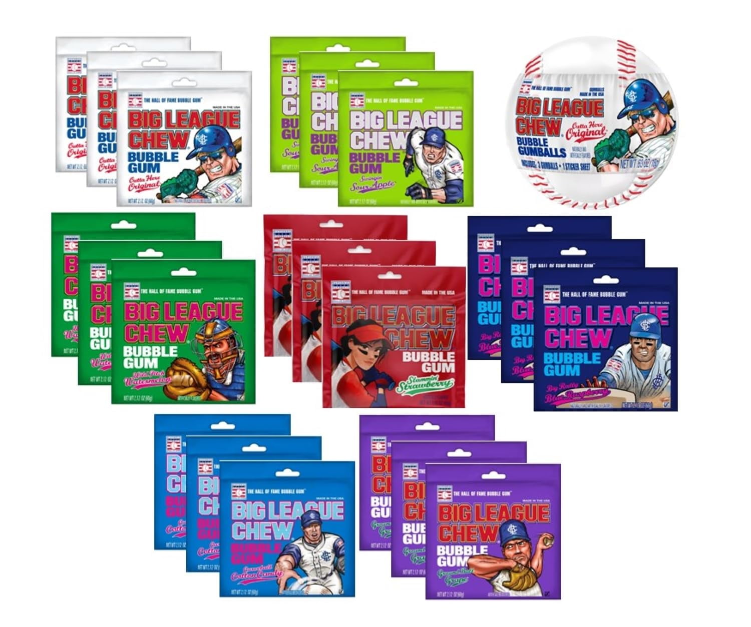 Big League Chew Bubble Gum Variety Pack 7 Flavors Pack of 21 Individual 2.12 Ounce Pouches