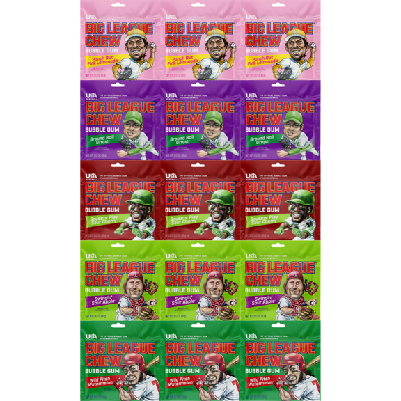 Big League Chew Bubble Gum Variety Pack, Assorted Flavors, Soft Shredded Bubble Gum, Pink Lemonade, Grape, Sour Cherry, Sour Apple & Watermelon, 2.12 oz Bags, 15 Pack