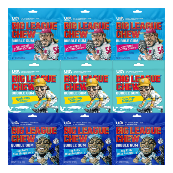 Big League Chew Bubble Gum Variety Pack, Soft Chewing Gum Pouches, Cotton Candy, Tropical & Blue Raspberry Flavors, Fun Shredded Style Bubble Gum, 9 Count Multipack