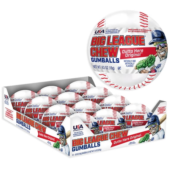 Big League Chew Baseball Filled with Baseball Treats, 3 Individually Wrapped Gumballs & 1 Baseball Sticker Sheet For Games, Concessions, Picnics, Parties, and More (Pack of 12 Baseballs)