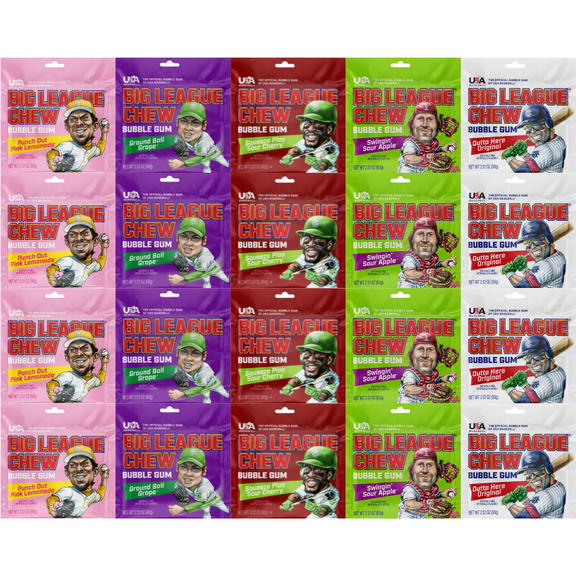 Big League Chew Variety Pack Bubble Gum, Chewy Shredded Bubble Gum Assortment, Pink Lemonade, Grape, Sour Cherry, Sour Apple & Original Flavors, 2.12 oz Pouches, Bulk 20 Count
