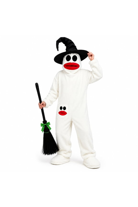 Big Lips Ghost Hooded Jumpsuit for Women, Plush Fleece Onesie with Witch Broom & Hat 3-Piece Halloween Funny Costume Set, S