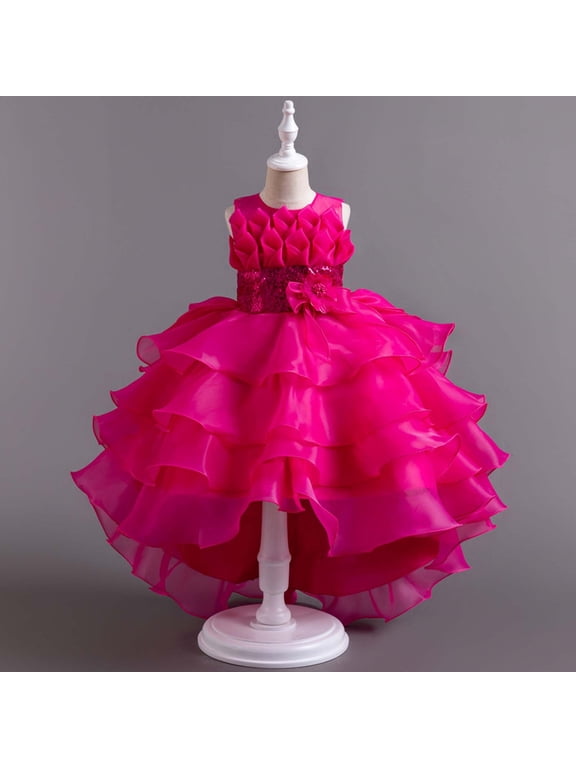 Big Little Girls' Mesh Tull Dress Sleeveless Flower Party Ball Gown Children Train Skirt Cake Princess Dress Girl Bowknot Puffy Gown Dress Hot Pink 9-10 Years