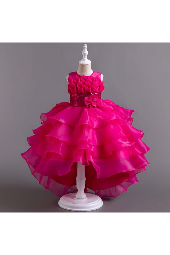 Big Little Girls' Mesh Tull Dress Sleeveless Flower Party Ball Gown Children Train Skirt Cake Princess Dress Girl Bowknot Puffy Gown Dress Hot Pink 9-10 Years