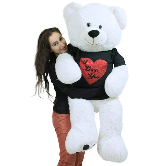 Big Love Valentine's Day White Teddy Bear wearing Removable Black and Red T-Shirt that reads I Love You, Soft 52 Inches Giant Valentine Stuffed Animal Arrives in Big Box Fully Stuffed & Ready to Hug