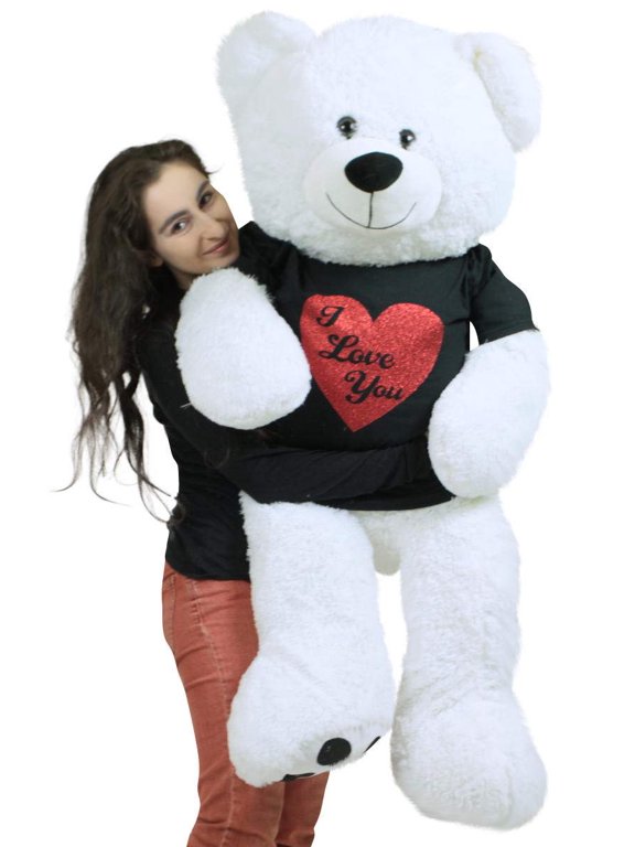 Big Love Valentine's Day White Teddy Bear wearing Removable Black and Red T-Shirt that reads I Love You, Soft 52 Inches Giant Valentine Stuffed Animal Arrives in Big Box Fully Stuffed & Ready to Hug