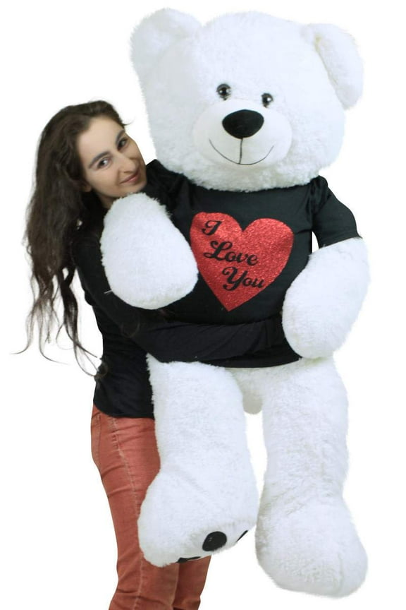 Big Love Valentine's Day White Teddy Bear wearing Removable Black and Red T-Shirt that reads I Love You, Soft 52 Inches Giant Valentine Stuffed Animal Arrives in Big Box Fully Stuffed & Ready to Hug