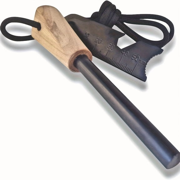 Big Magnesium Fire Starter Featuring a Wooden Grip - Essential Flint for Outdoor Activities Like Camping, Hiking, And Barbecues