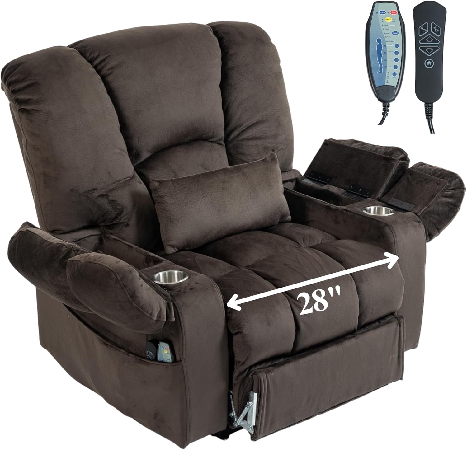 REHOUSING Adult Chenille Big and Tall Power Lift and Heat Massage Recliner with Flip Arm Storage and Cup Holders, Gray