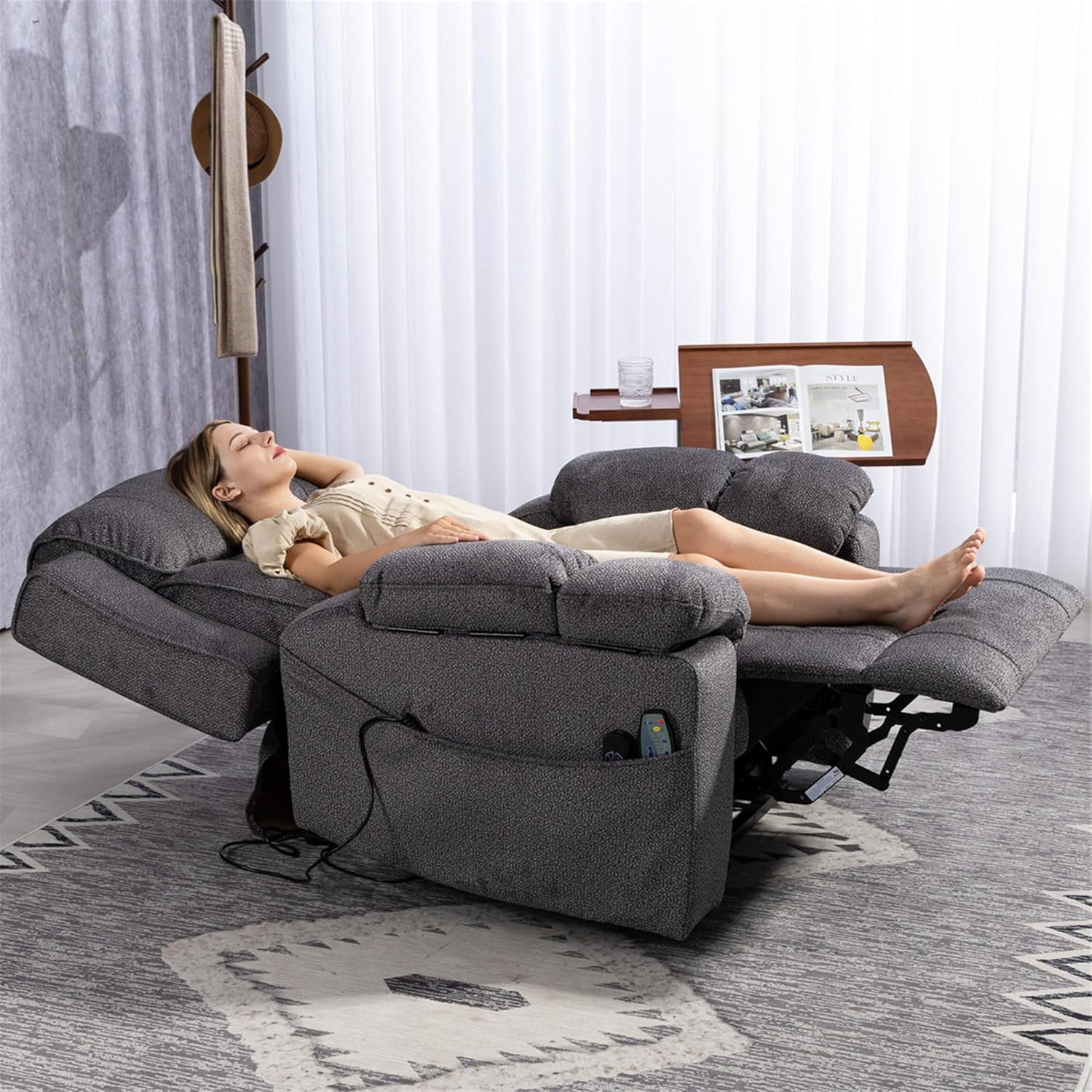 REHOUSING Adult Velvet Living Room Lift and Heat Vibration Recliners with Armrests and Cup Holders, Gray
