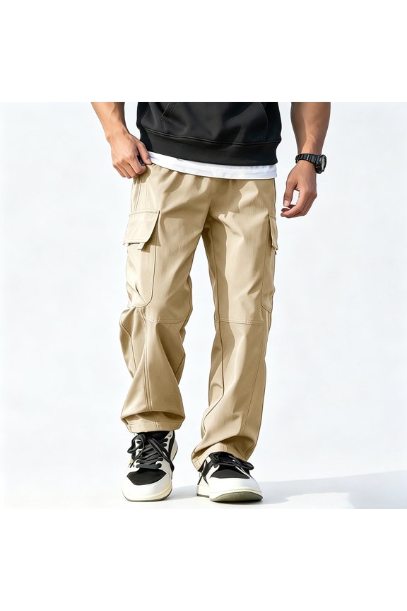 Big Men Straight Cargo Pants Elastic Waist Drawstring Four Storage Pockets S-XL