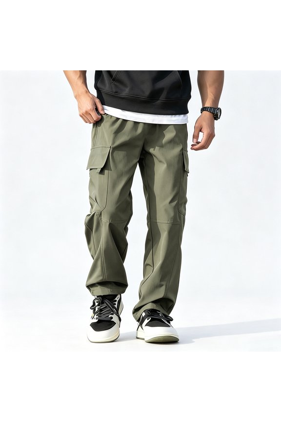 Big Men Straight Cargo Pants Elastic Waist Drawstring Four Storage Pockets S-XL