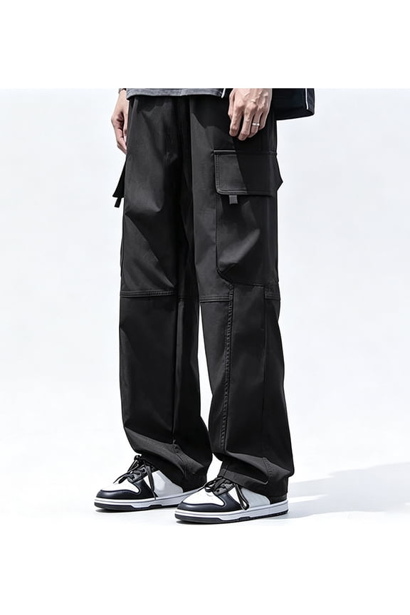 Big Men Straight Cargo Pants Elastic Waist Drawstring Four Utility Pockets S-XL