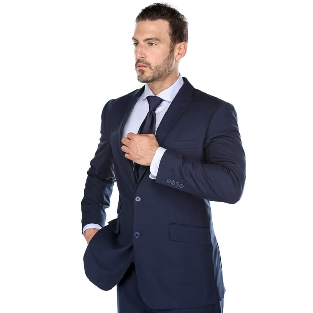 Big Men' s Navy Blue Peak Lapel Classic Fit Two Piece Suit