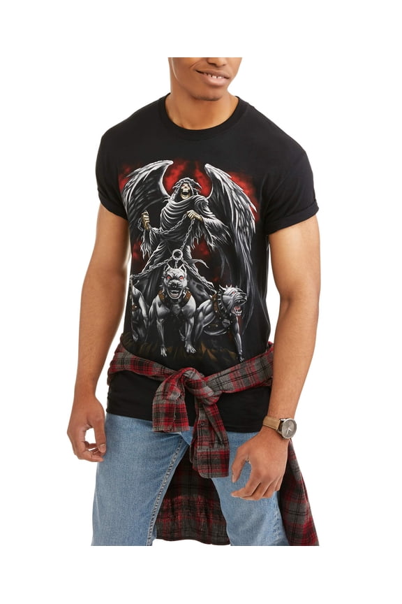 Men's Winged Grim Reaper with Hellhound Tough Dog Trio Black Relaxed Fit Short Sleeve Graphic T-Shirt