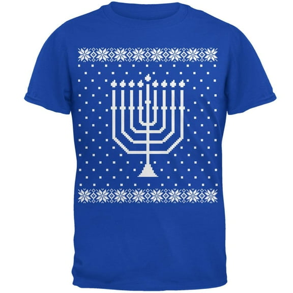 Big Menorah Ugly Hanukkah Sweater Royal Adult T-Shirt - Large