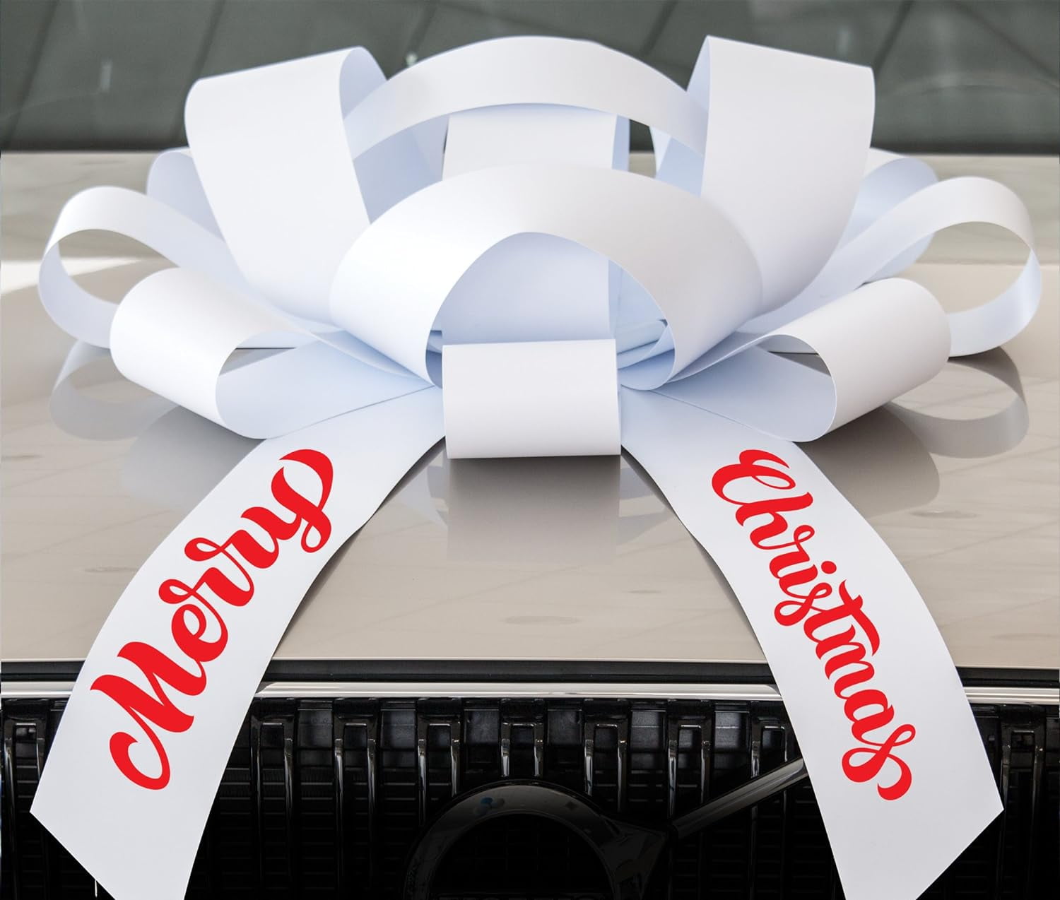 Big Merry Christmas Car Bow, Giant 30" Bow, Non Scratch Weather Resistant Vinyl (White
