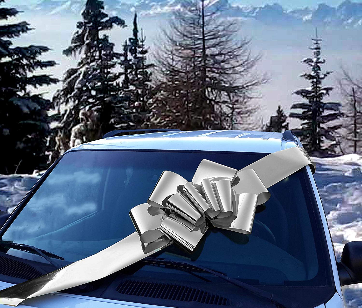 Big Metallic Silver Car Bow - 25" Wide, Fully Assembled, Large Gift Bow, Wedding, Anniversary, Christmas, NYE, Birthday