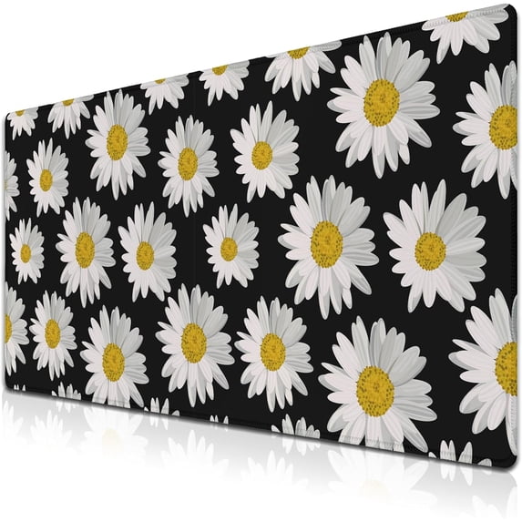 Big Mouse Pad Black Desk Pad Large Gaming Mousepads Pc Mouse Pads Office Items Non-Slip Rubber Base Waterproof with Stitched Edges 35.4 X 15.7 for Game Office, White Daisies