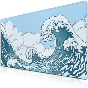 Big Mouse Pad Blue and White, Great Wave Desk Mouse Pads Office Desk Pads, Extra Large Gaming Mouse Pad Non-Slip Rubber Base Waterproof with Stitched Edges, 35.4 X 15.7 inch Japanese Wave