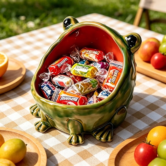 Big-Mouth Frog Candy Dish Ceramic Statue, New Cute Animal Key Bowl for Entryway Table, Decorative Frog Figurine Jewelry Tray Organizer, Fun Desktop Storage for Office Home Kitchen Decor