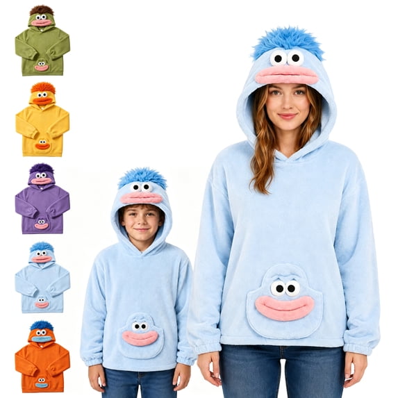 Big Mouth Monster Hoodies for Women and Kids Cute Fleece Oversized Halloween Pajamas Sherpa Party Pullover Tops Light Blue